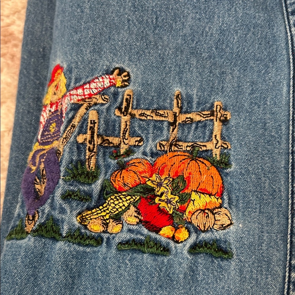 VNTG 90's Fall Harvest Embroidered Chambray Denim Shirt Cotton Size PETITE Large - Picture 6 of 16